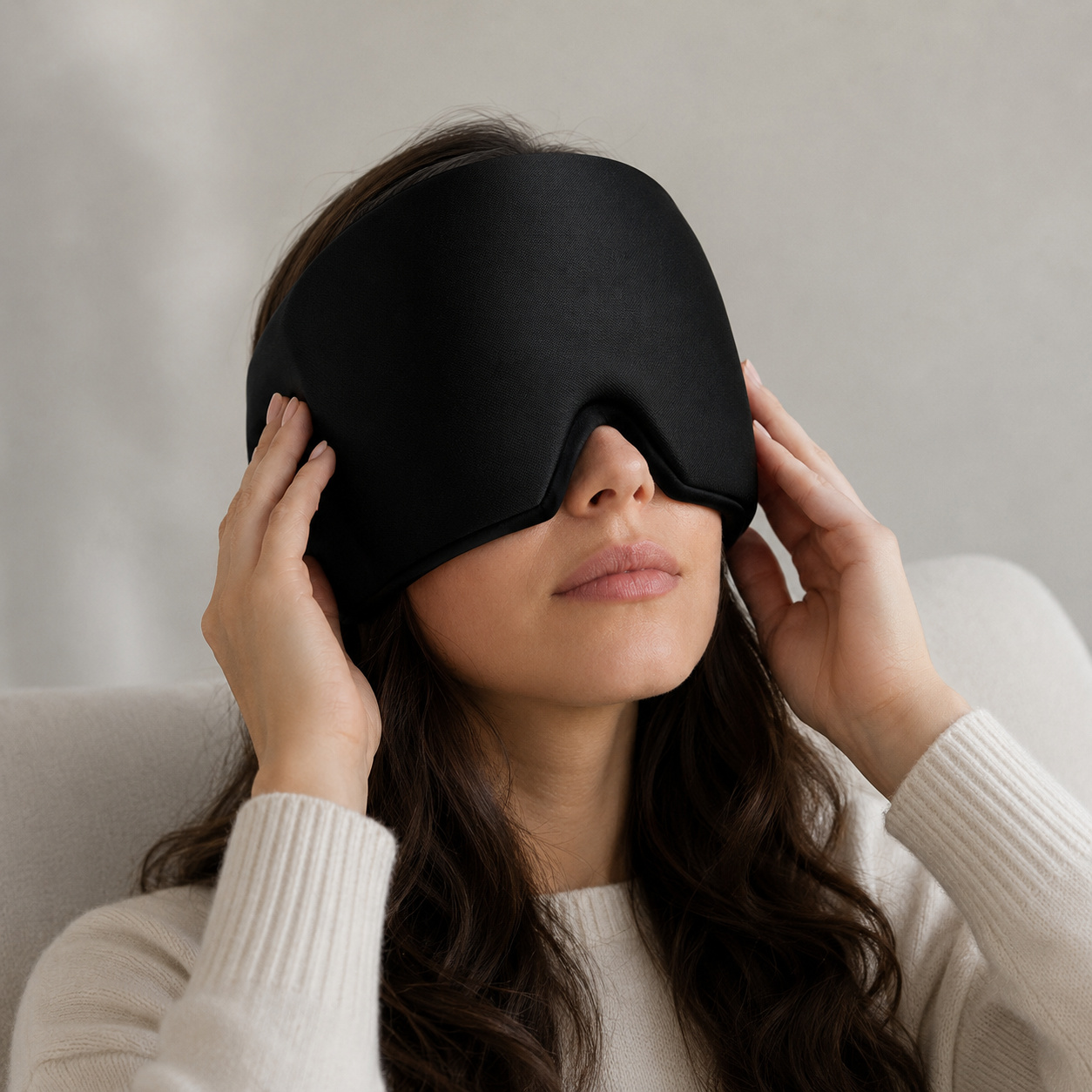 Woman wearing the Melt Cold Therapy cap pulled down over her eyes
