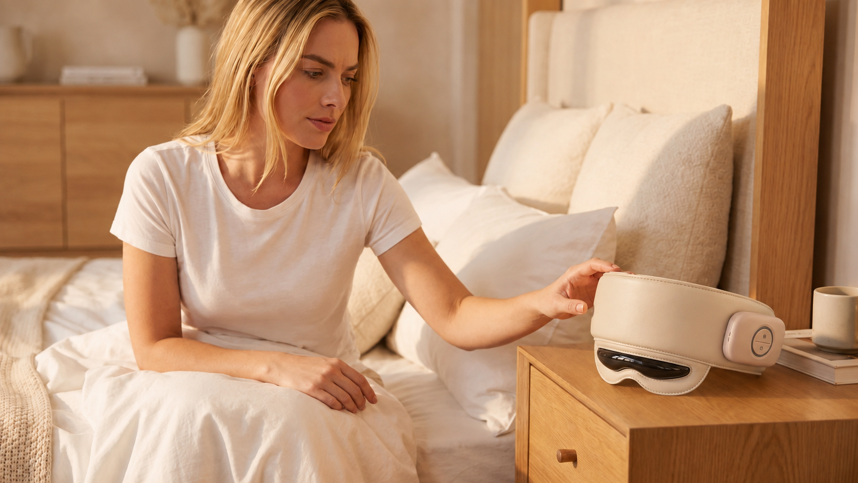 Woman reaching toward the MELT device on a nightstand at the first sign of a migraine