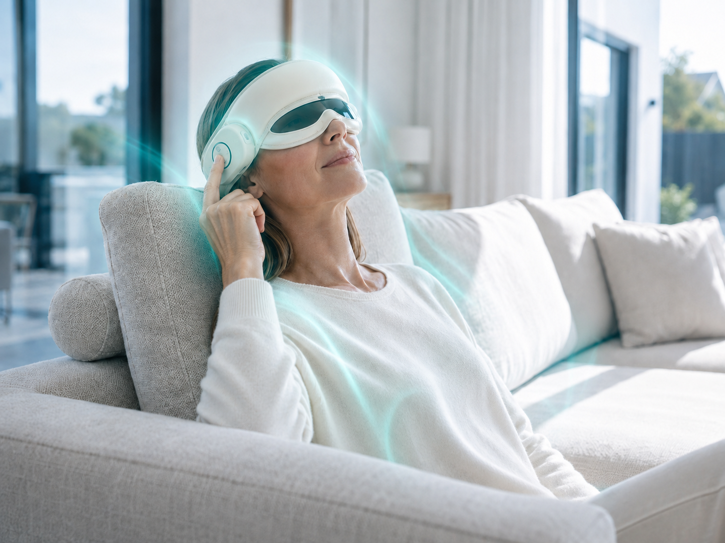 Woman wearing the MELT device on a sofa in cool blue-tinted lighting suggesting cold therapy mode