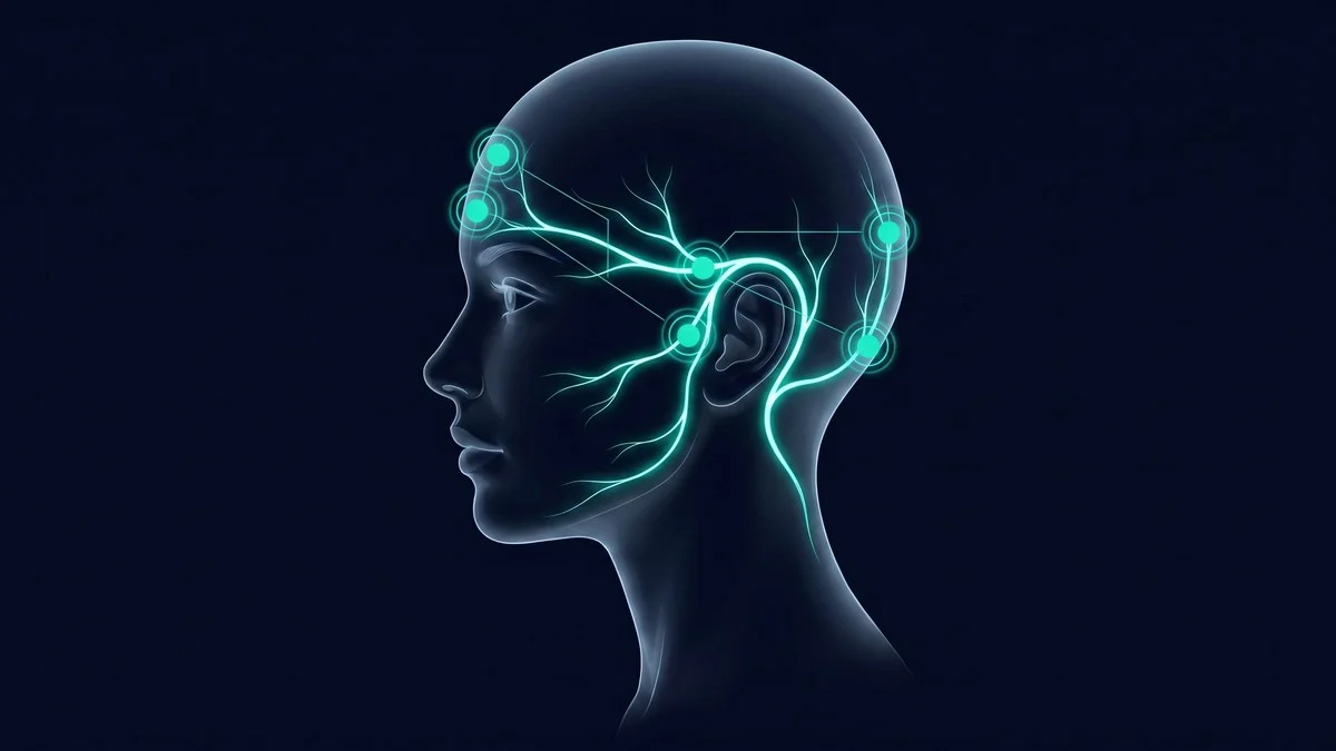 Medical diagram showing trigeminal nerve branches with six airbag zones marked on a human head