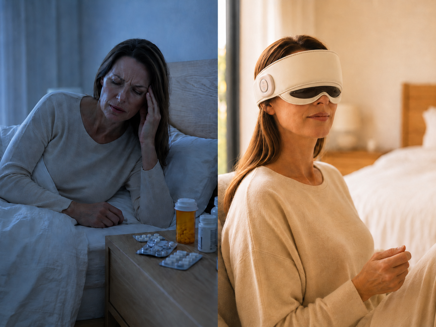 Split image: left side exhausted woman with pill bottles, right side same woman peacefully wearing the MELT device